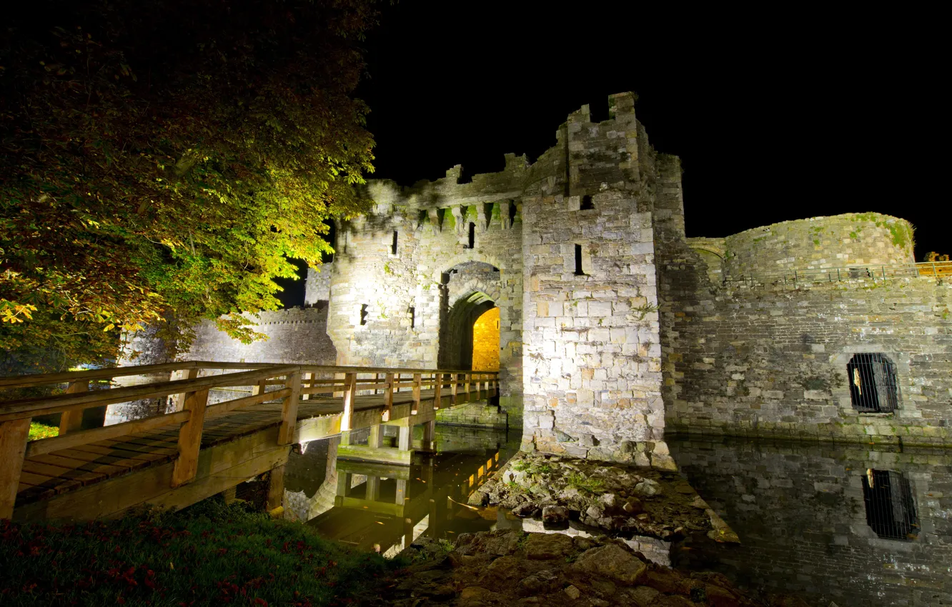 Photo wallpaper night, bridge, castle, UK, fortress, ditch, stones.trees, North Wales