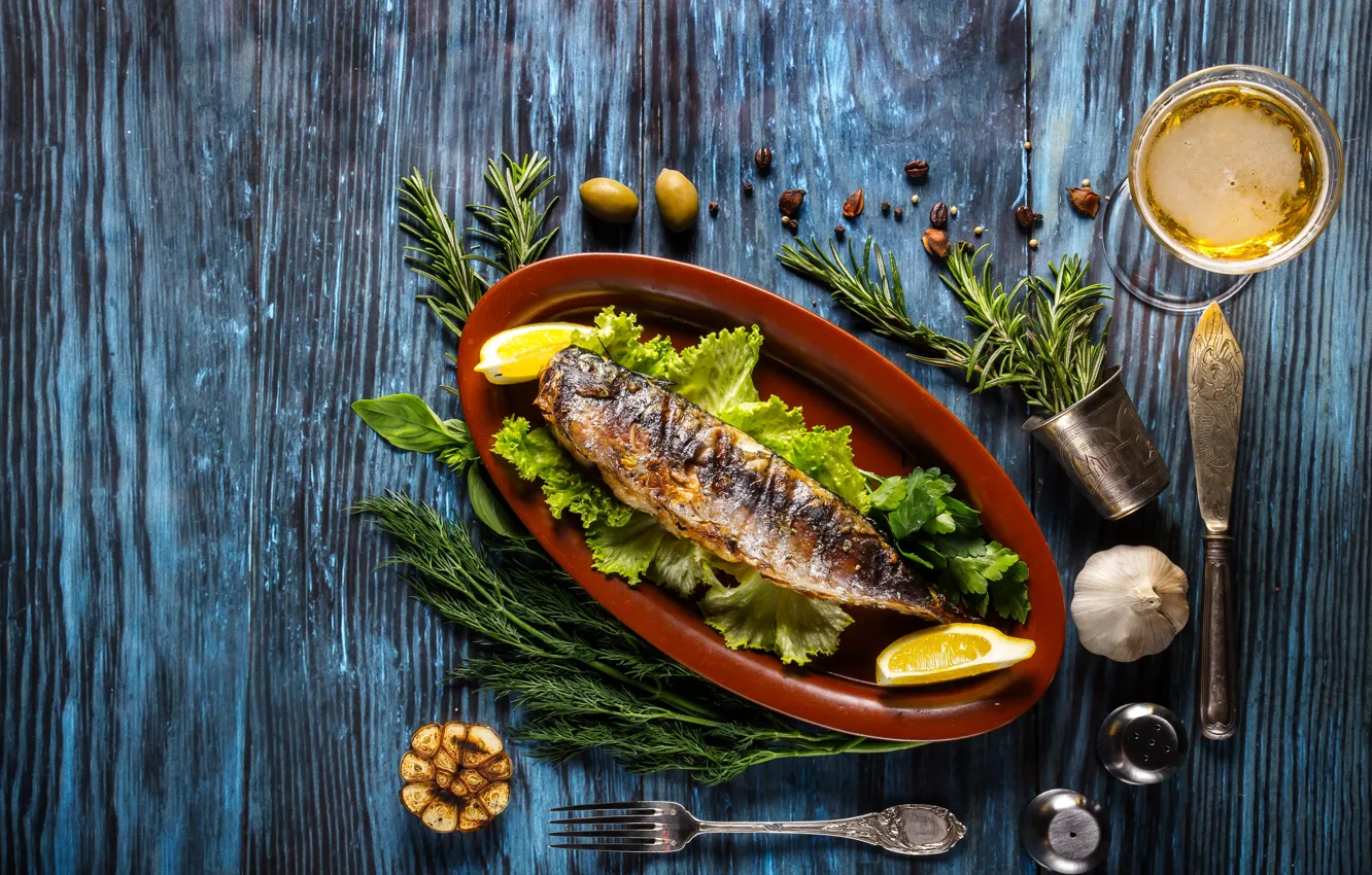 Photo wallpaper greens, wine, lemon, fish, dill, sauce, wood, fish