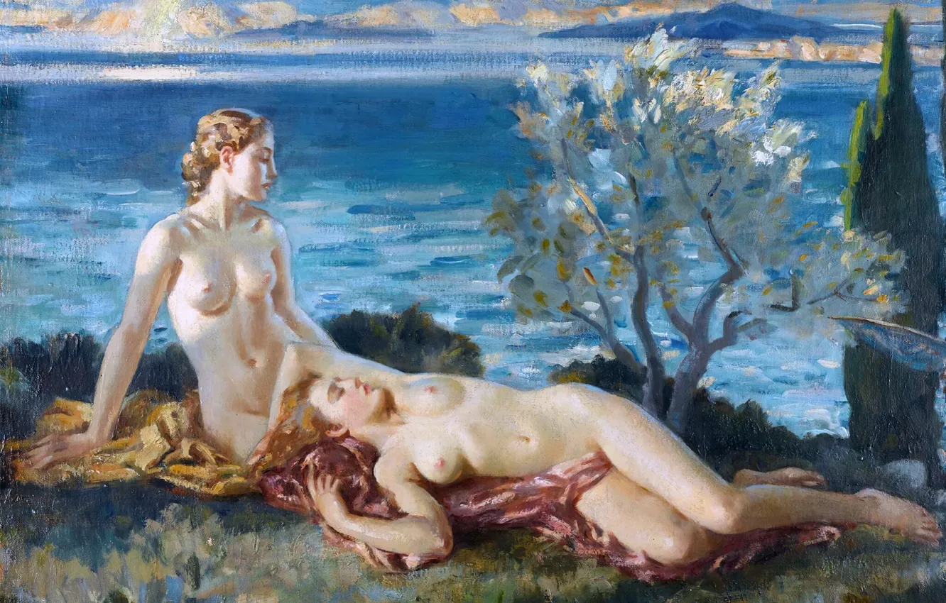 Photo wallpaper Girls, River, Picture, Rainbow, Two, Naked, British artist, Wilfred Gabriel de Glehn