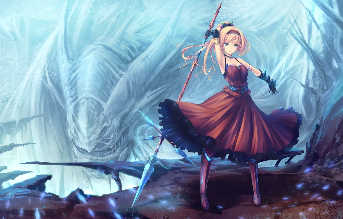 Photo wallpaper girl, weapons, monster, dress, gloves, spear, anime, art