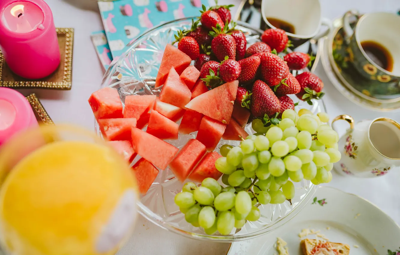 Photo wallpaper green, berries, table, candles, Breakfast, watermelon, strawberry, grapes
