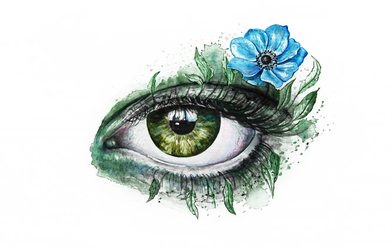 Photo wallpaper flower, look, leaves, green, eyes, eyelashes, blue, figure