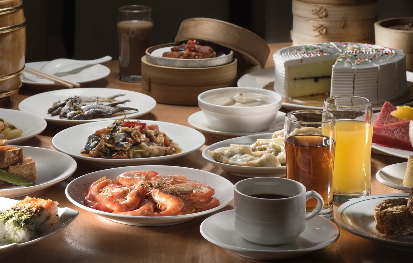 Photo wallpaper tea, fish, juice, cake, shrimp, meals, cuts