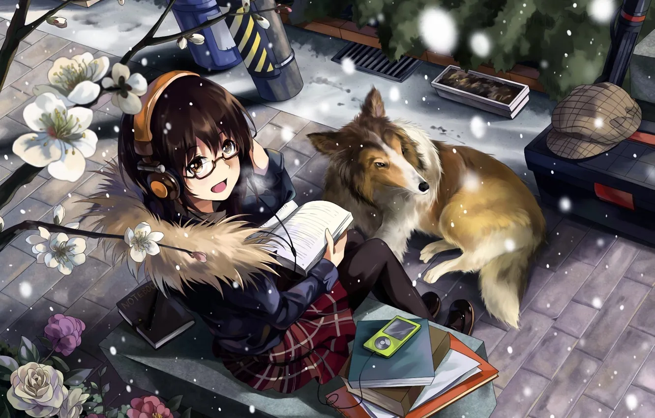 Photo wallpaper flowers, dog, spring, headphones, art, glasses, shop, girl