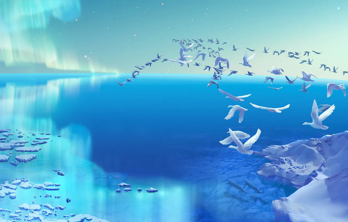 Photo wallpaper cold, sea, bird, Northern lights, art, ice, white, geese