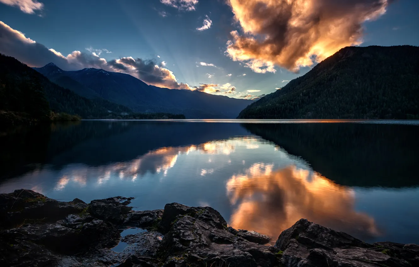 Photo wallpaper forest, the sky, sunset, mountains, clouds, lake, Olympic National Park, Aurora Ridge