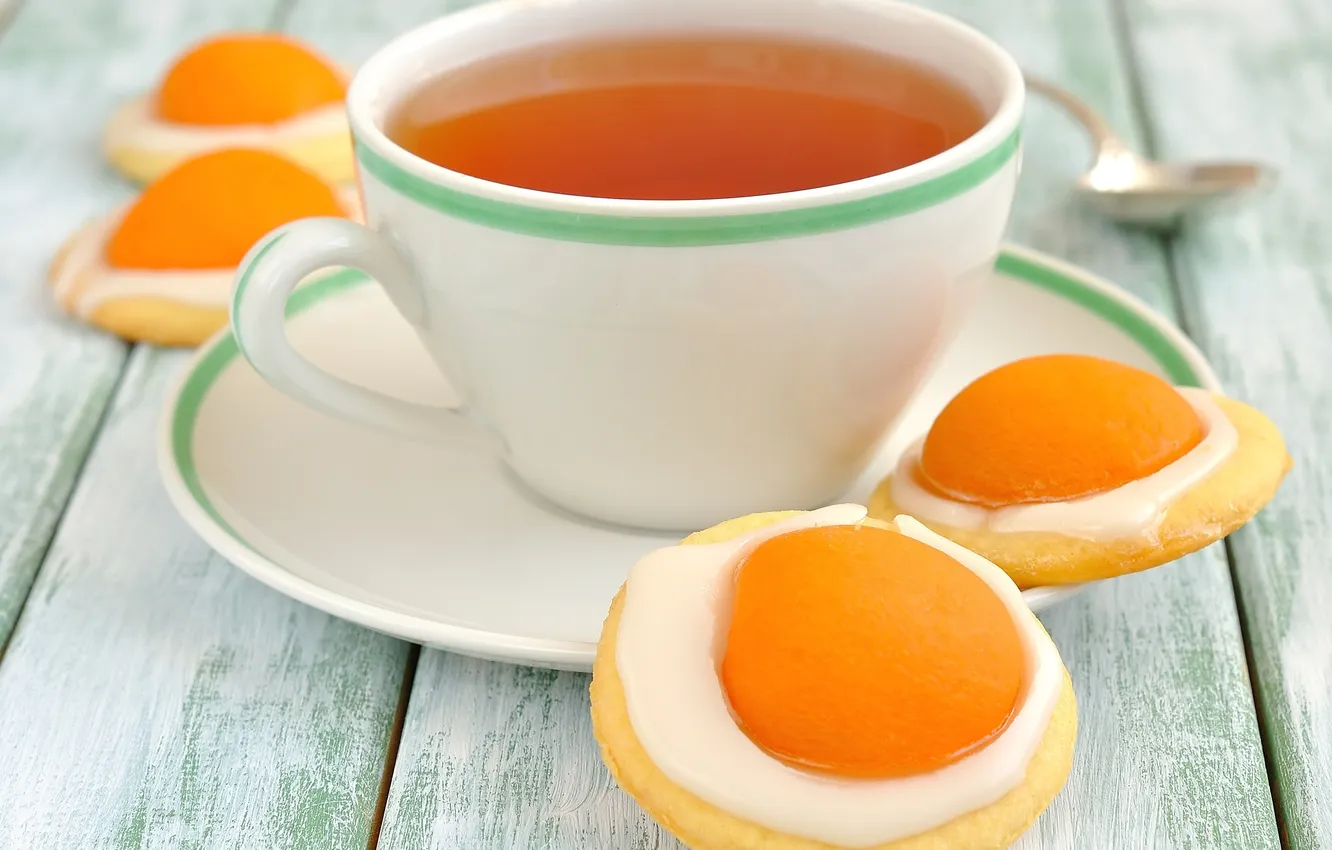 Photo wallpaper tea, Cup, apricot, cream, saucer, biscuits-scrambled eggs, Easter cookies