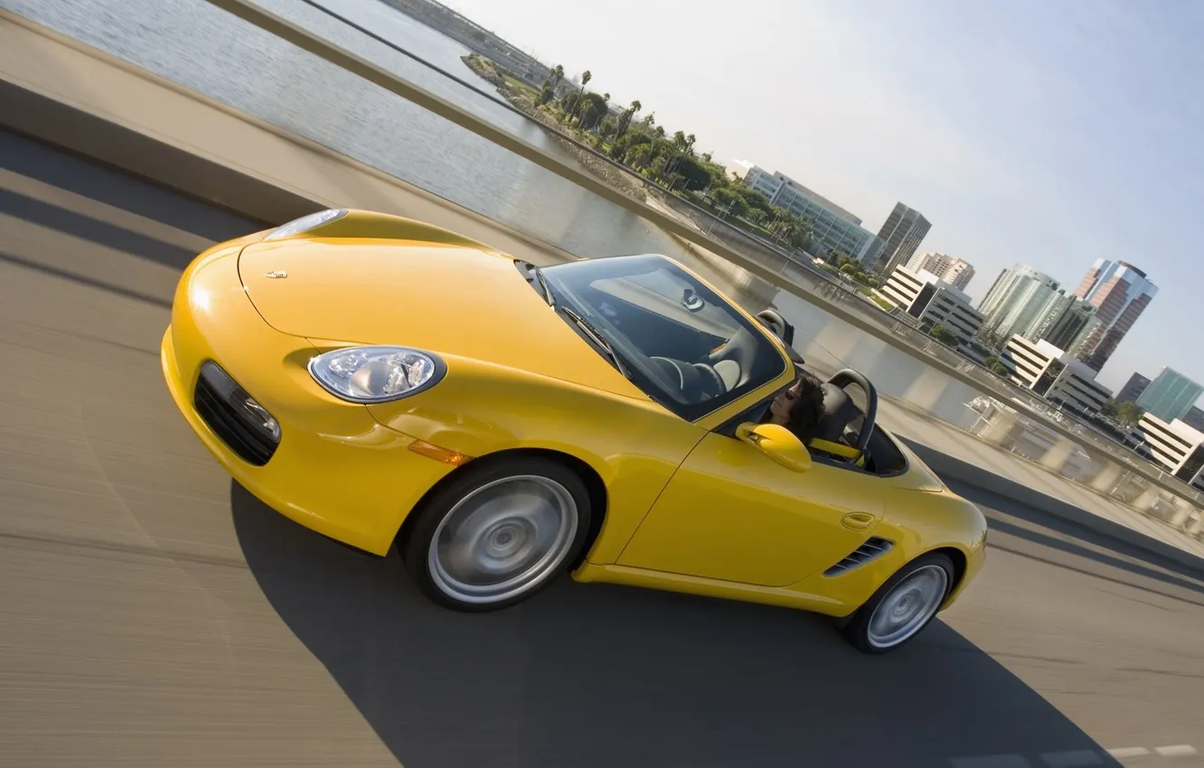 Photo wallpaper Porsche, road, Boxster, yellow, speed, Town