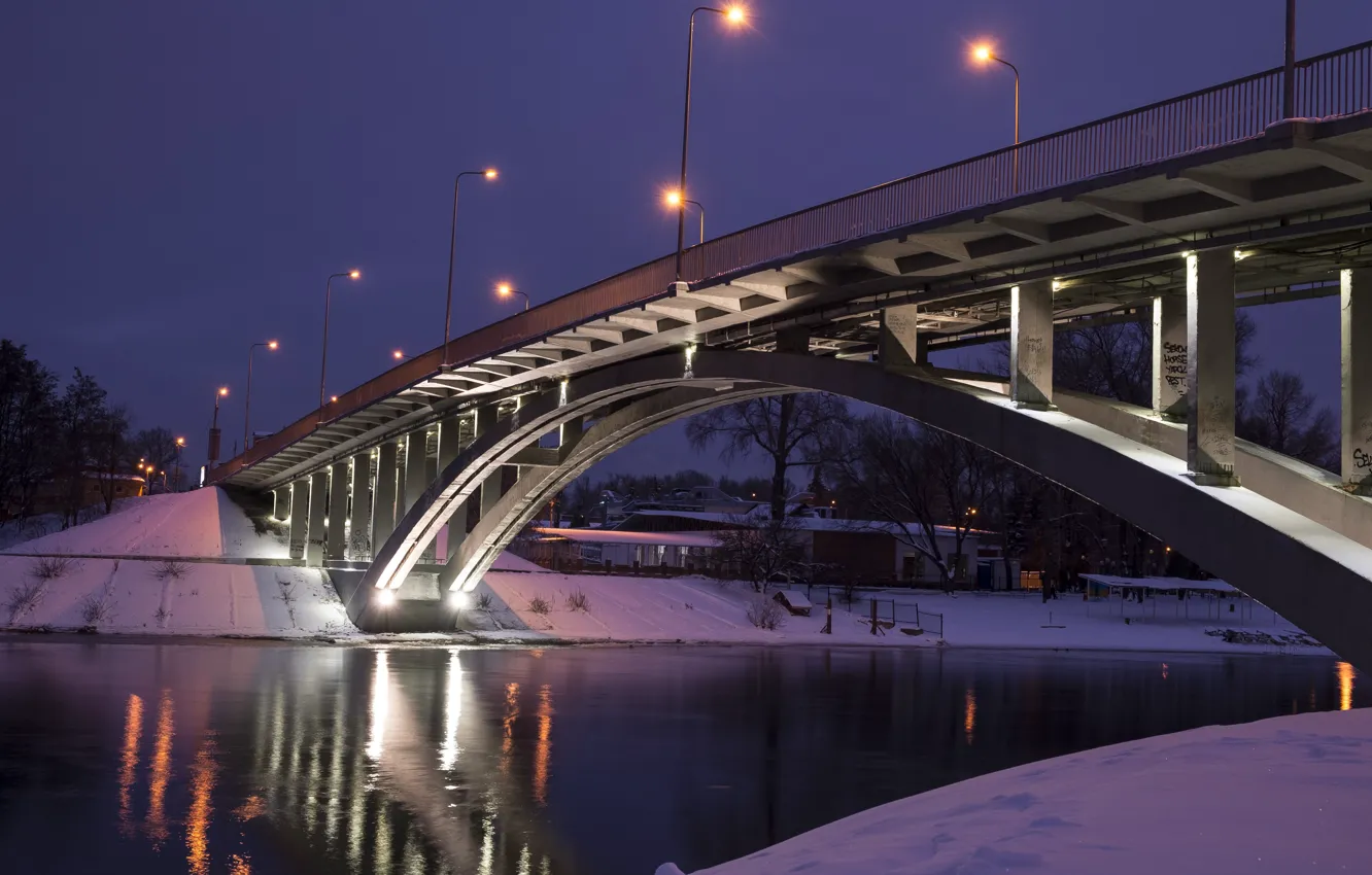 Photo wallpaper river, bridge, winter, snow, evening, lanterns, Kiev, Dnieper