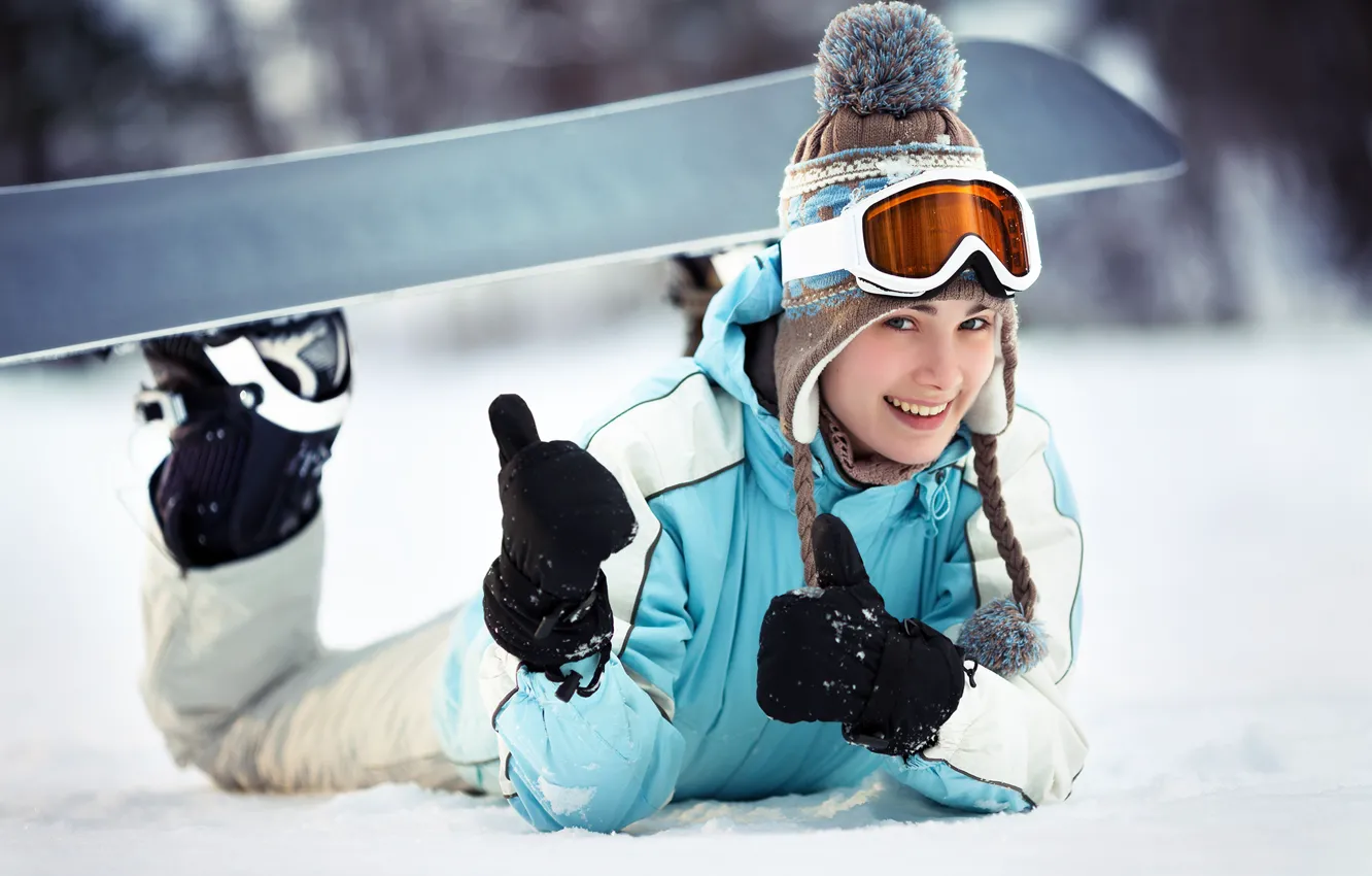 Photo wallpaper winter, snow, joy, smile, snowboard, hat, girl