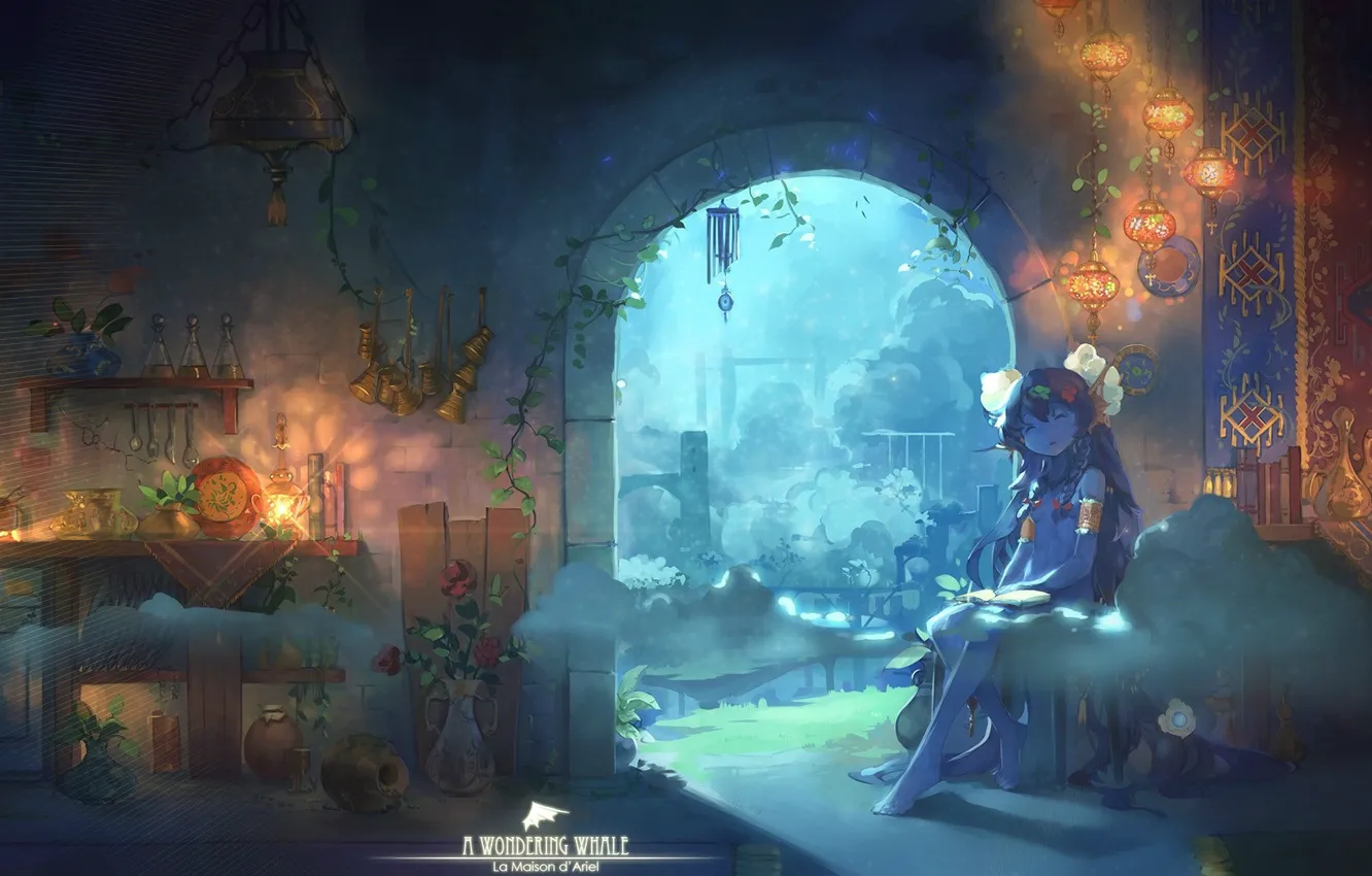 Photo wallpaper carpet, sleep, the evening, kitchen, girl, lamp, sitting, barefoot