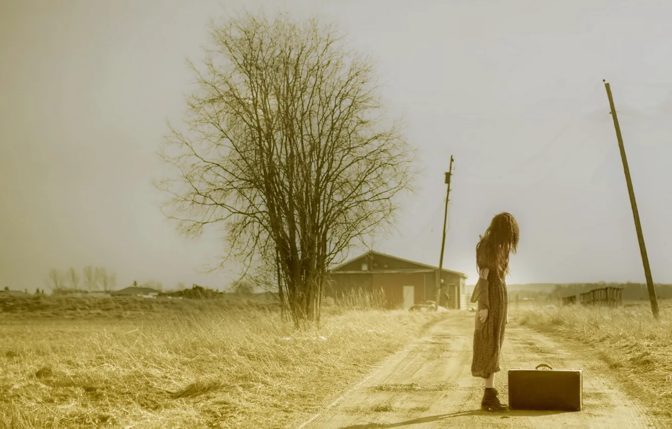 Photo wallpaper road, girl, mood, suitcase