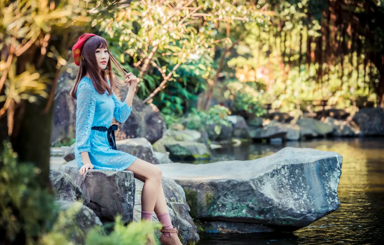 Photo wallpaper girl, pond, stones, sweetheart, dress, legs, Asian, takes