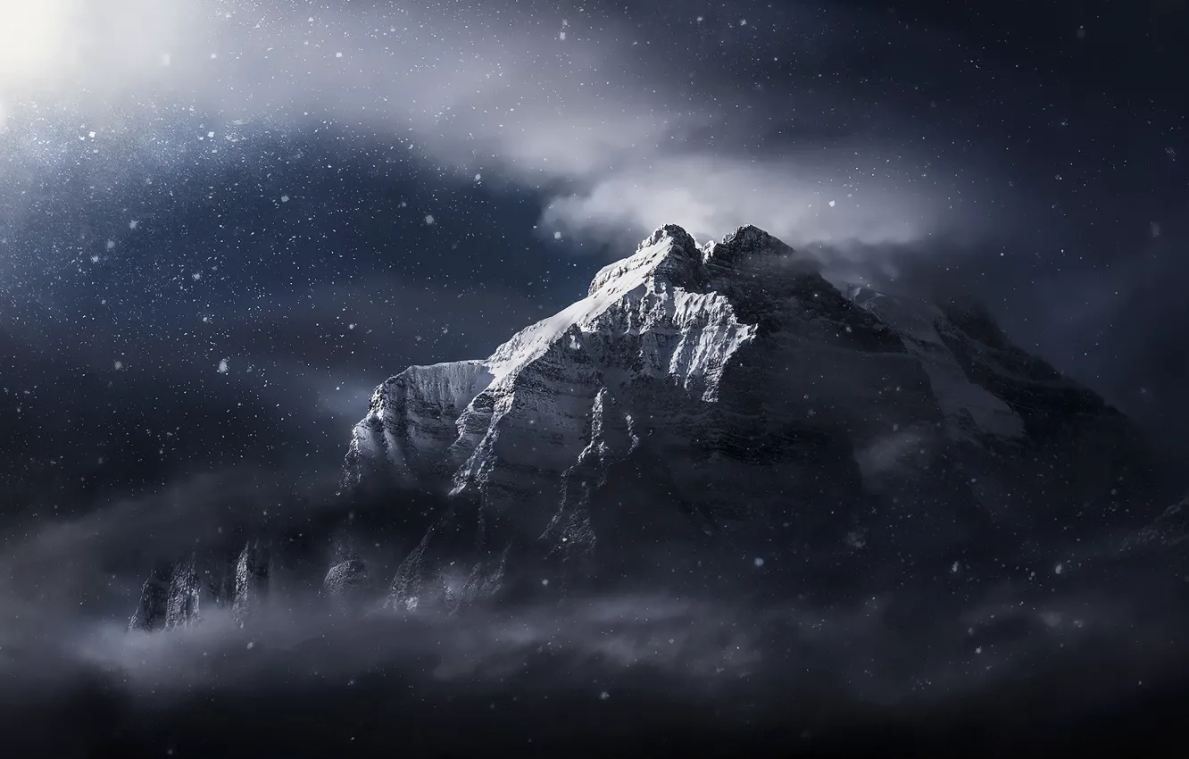 Photo wallpaper winter, clouds, light, snow, mountains, the darkness
