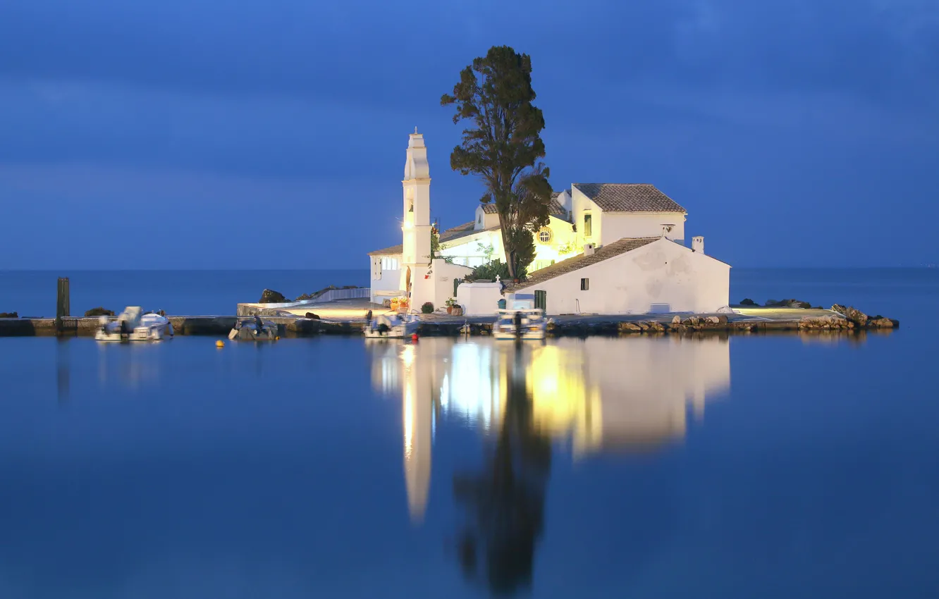 Photo wallpaper light, trees, reflection, Greece, mirror, The Ionian sea, motor boat, the Isle of mouse