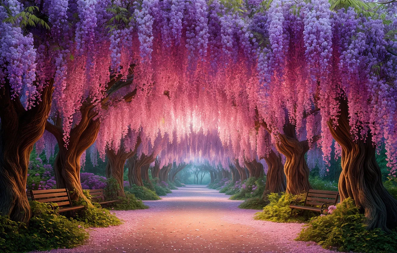 Photo wallpaper Wisteria, Wisteria, AI art, neural network
