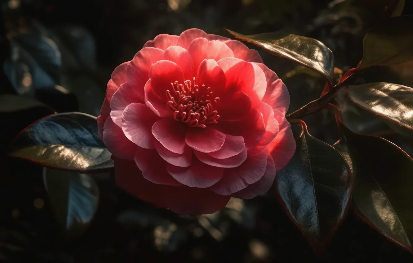 Photo wallpaper leaves, flowers, pink, Camellia, AI art, neural network