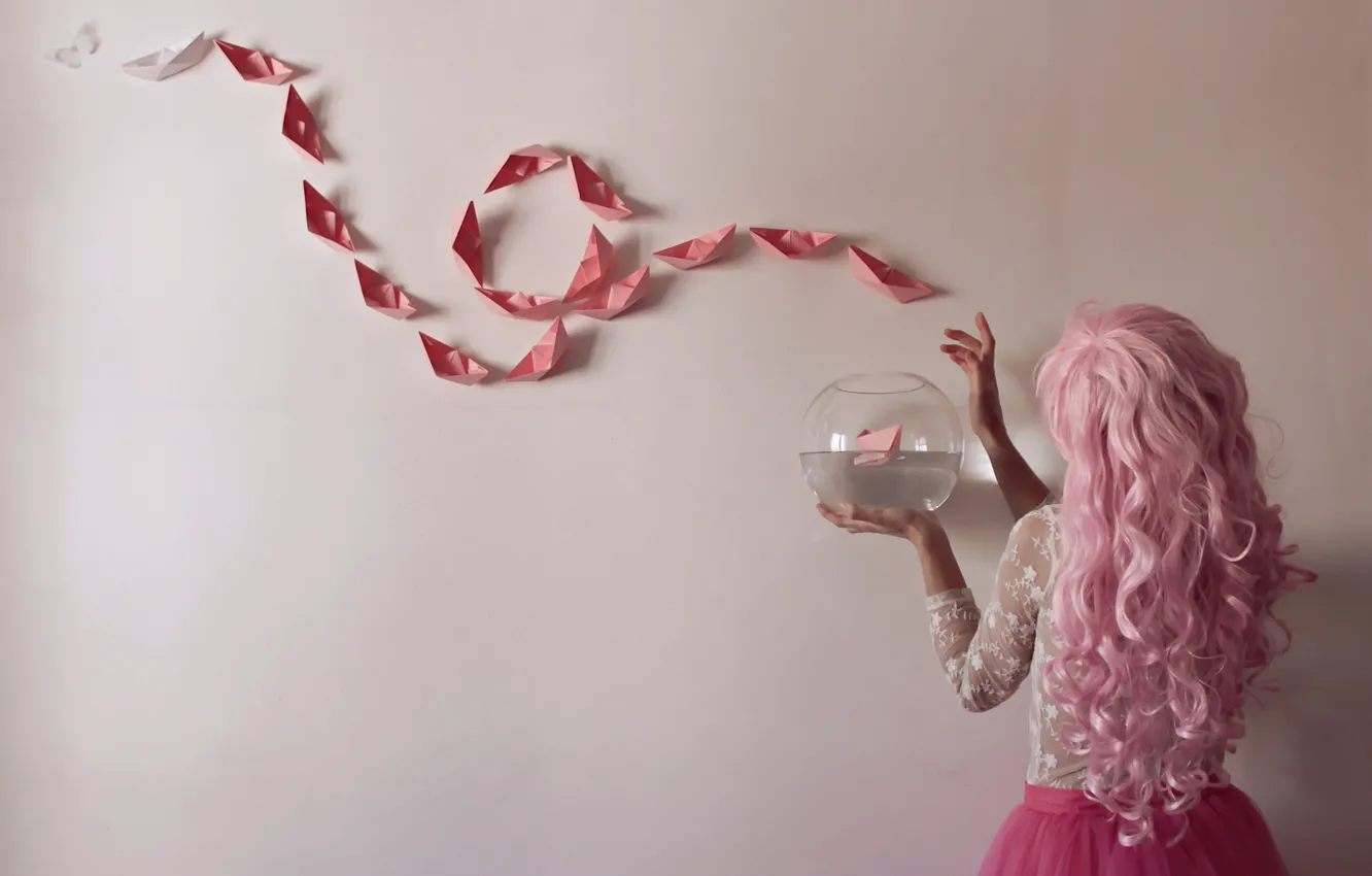 Photo wallpaper girl, paper, wall, boat