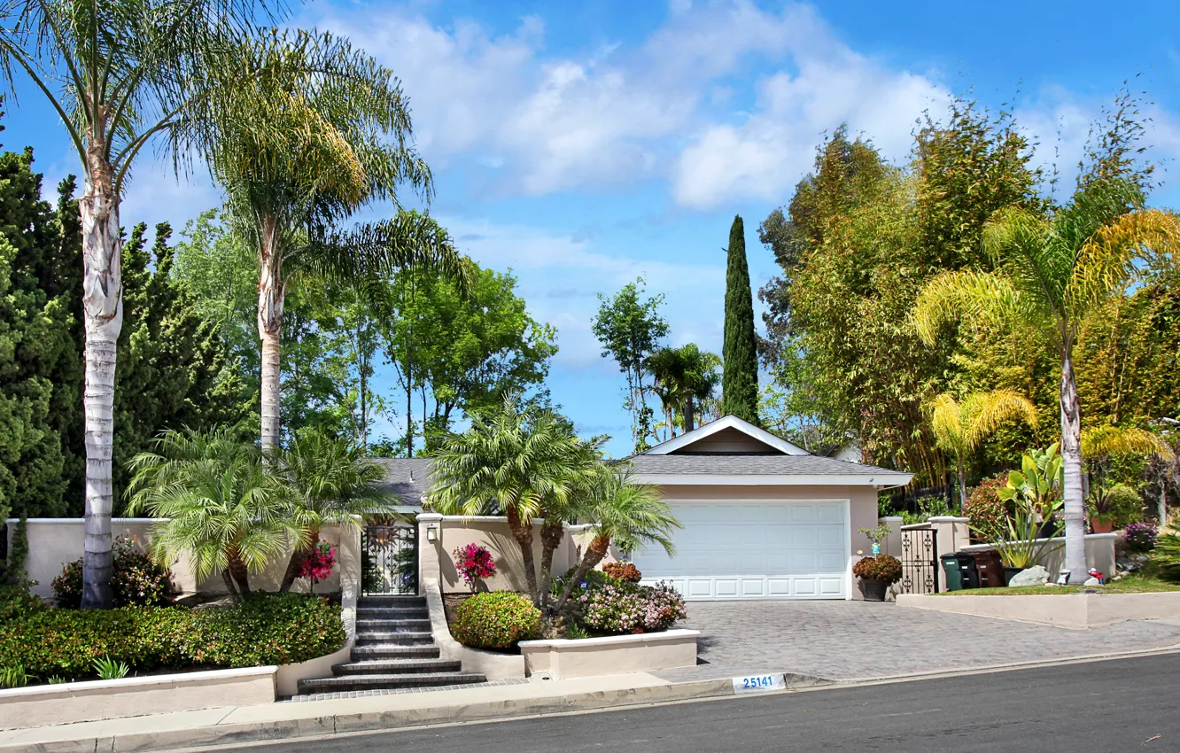 Photo wallpaper road, the sky, clouds, trees, house, palm trees, garage, fence
