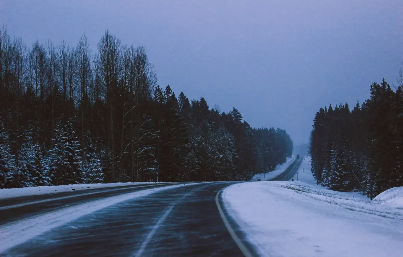 Photo wallpaper winter, road, forest, the sky, asphalt, snow, trees, landscape