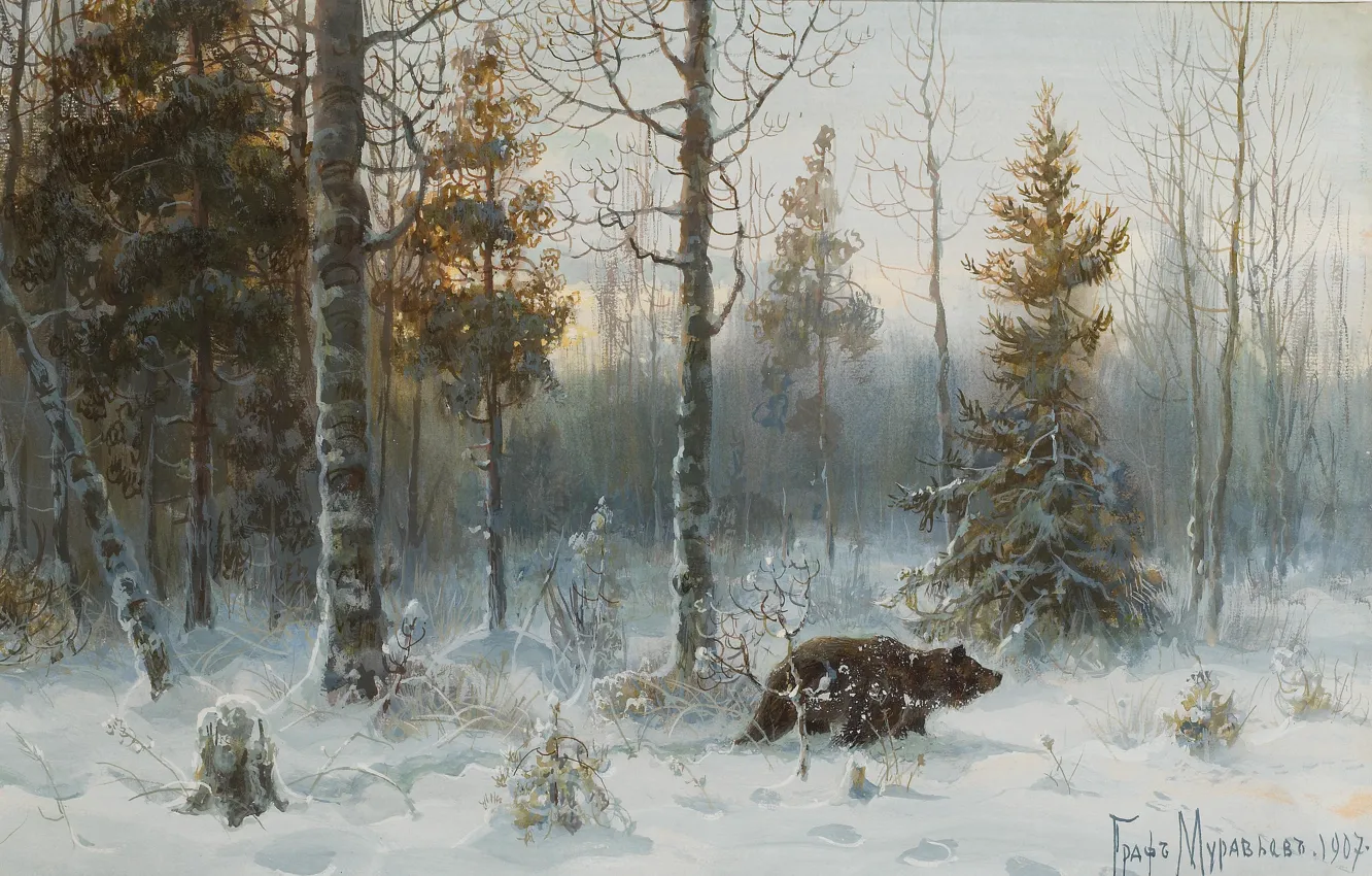 Photo wallpaper winter, forest, snow, nature, picture, bear