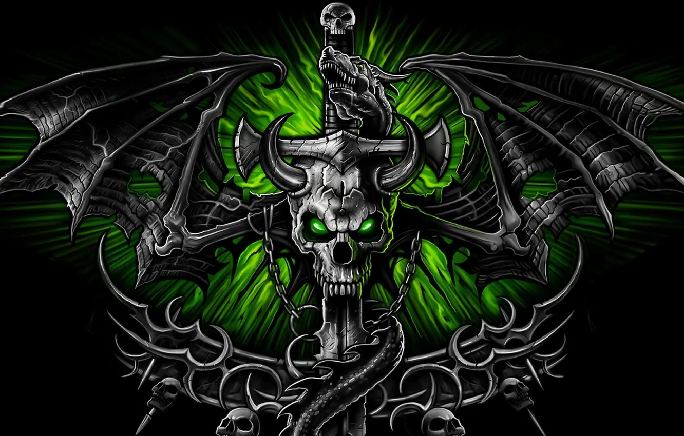 Photo wallpaper green, background, dragon, skull, wings, sword, horns, sword