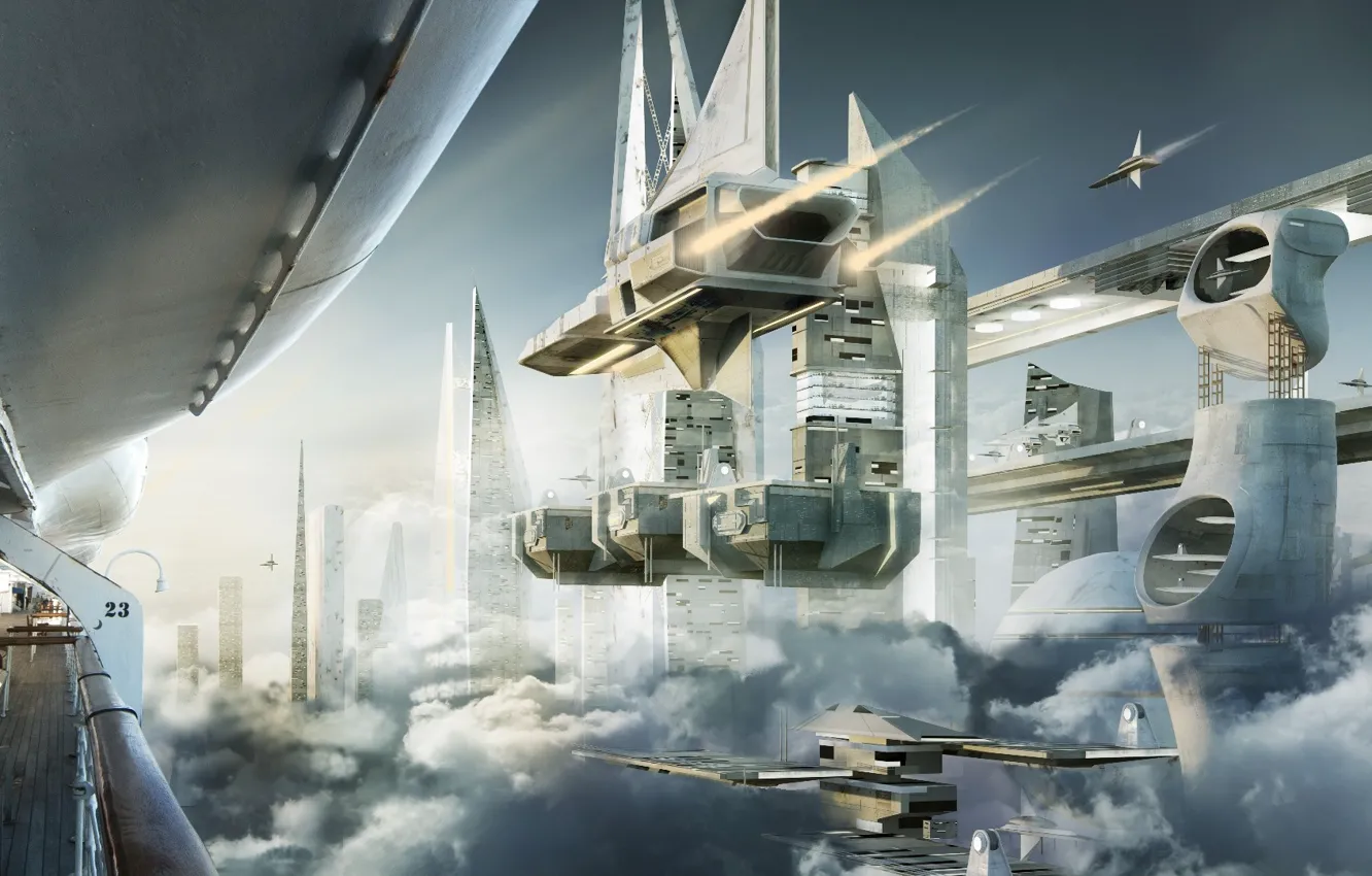Photo wallpaper clouds, transport, facilities, the spaceport, Skyship cove