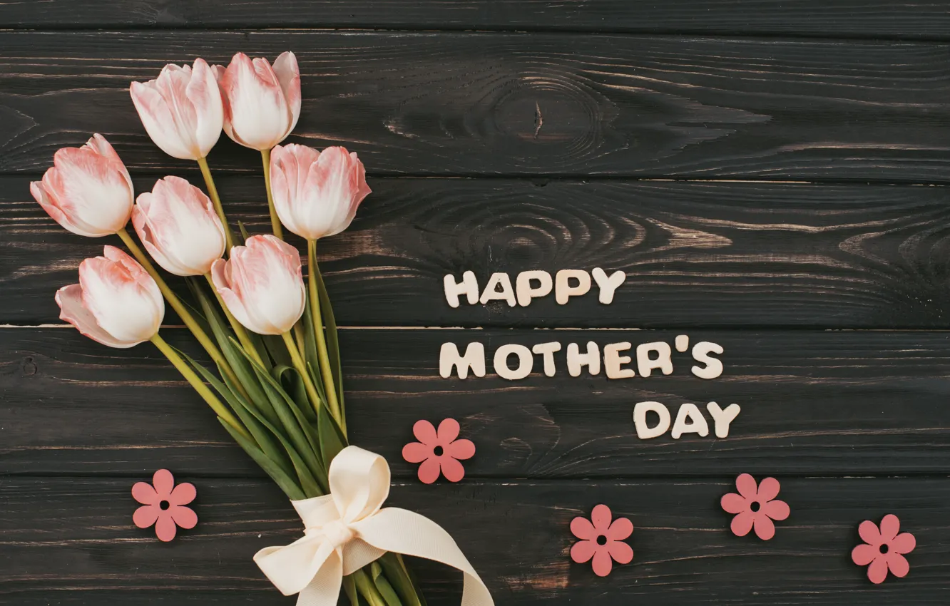 Photo wallpaper flowers, bouquet, tulips, pink, wood, pink, flowers, tulips
