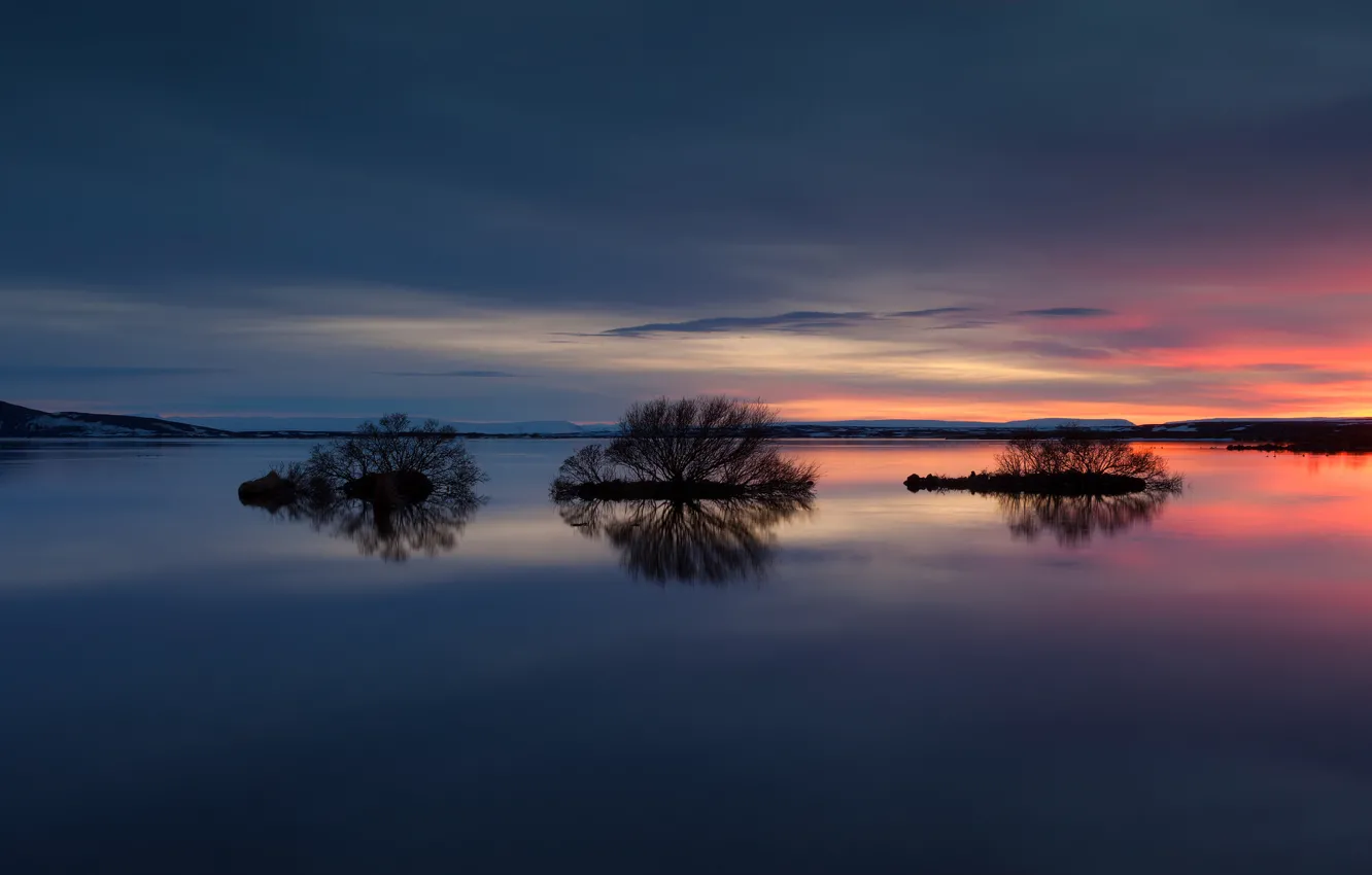 Photo wallpaper the sky, trees, lake, reflection, the evening
