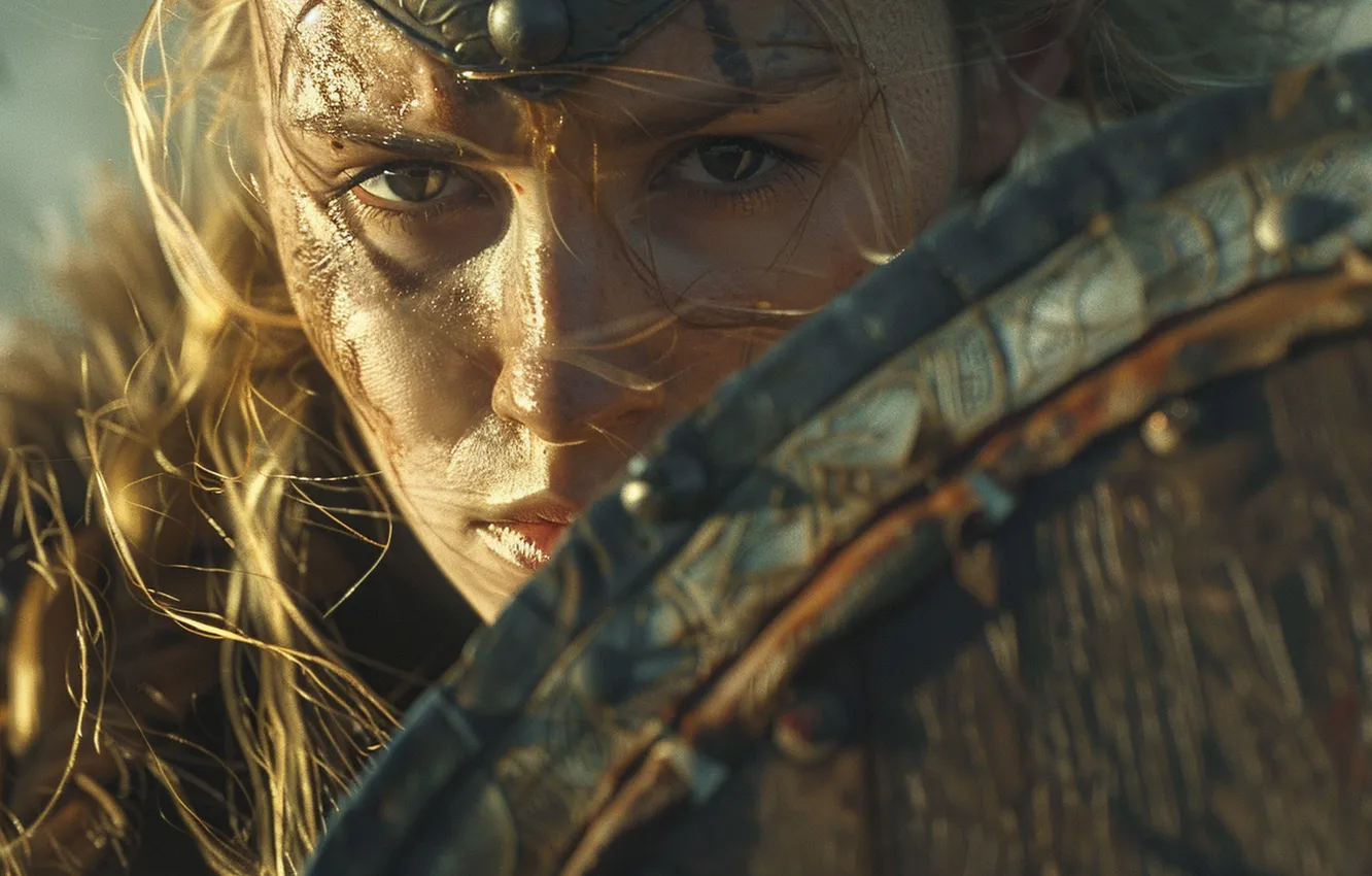 Photo wallpaper look, girl, shield, warrior, closeup, digital art, The Vikings, AI art