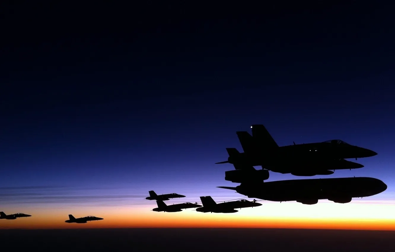 Photo wallpaper Sunset, aircraft, soprovozdenie