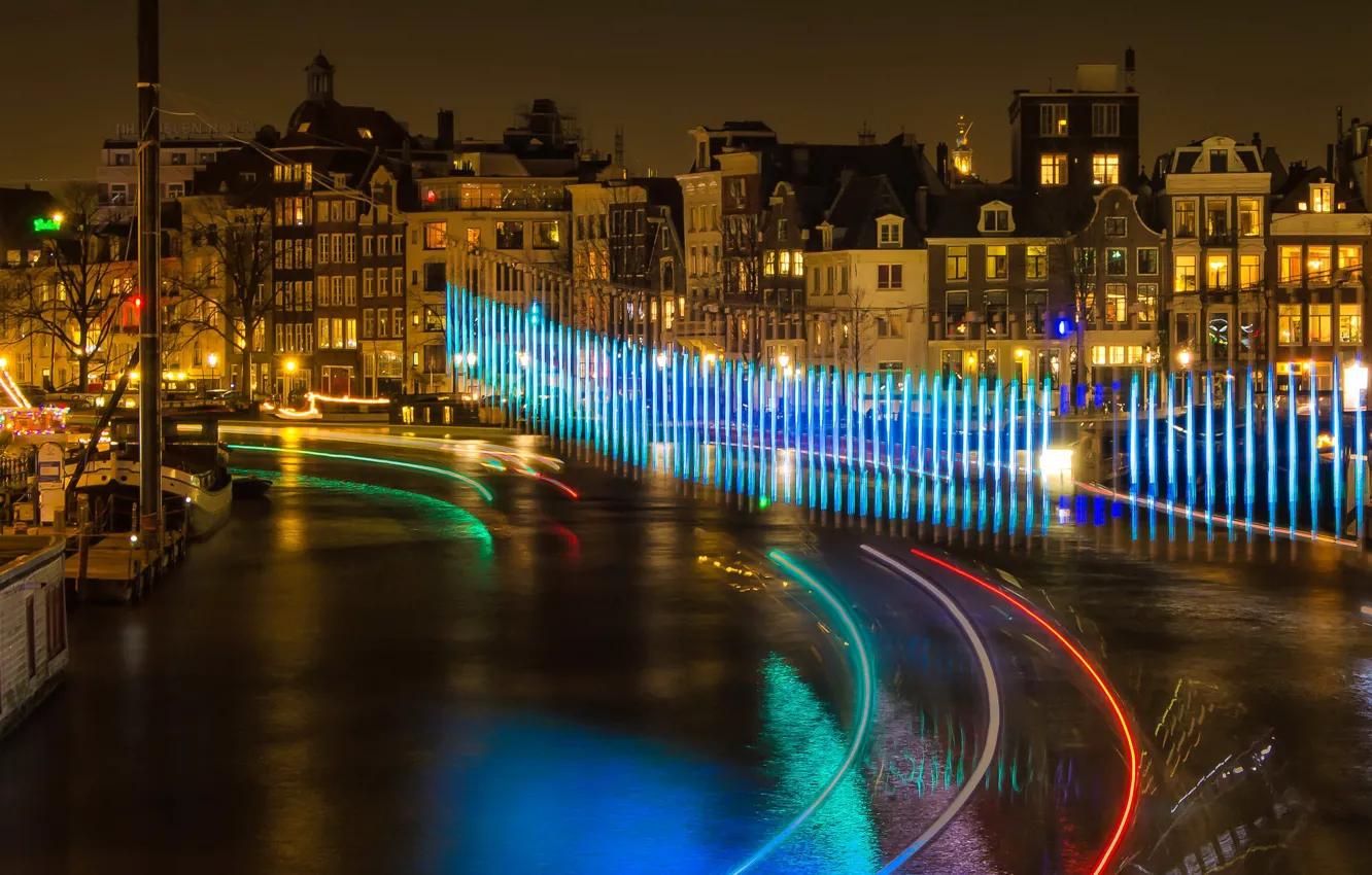 Photo wallpaper road, night, lights, excerpt, Amsterdam, Netherlands, Amsterdam, Netherlands