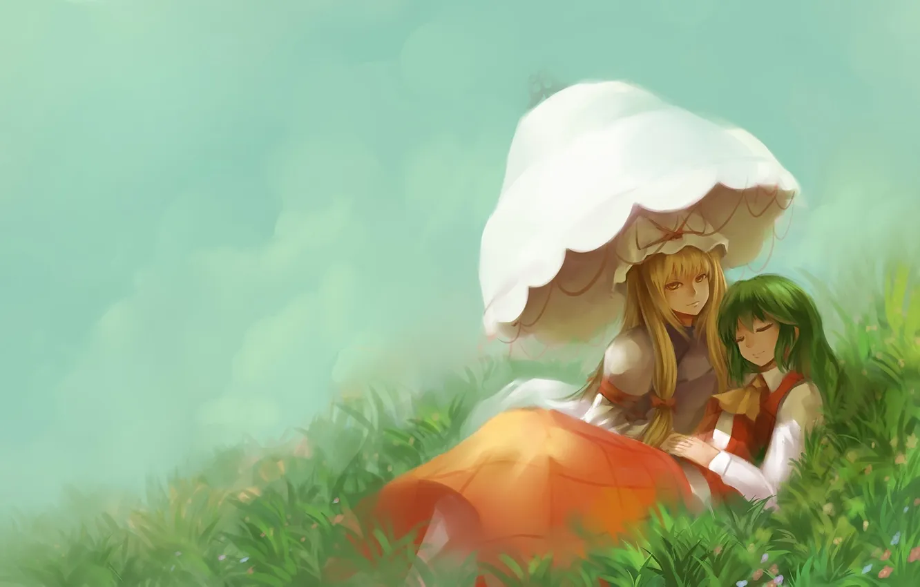 Photo wallpaper grass, girl, hills, stay, umbrella, art, touhou, madcocoon