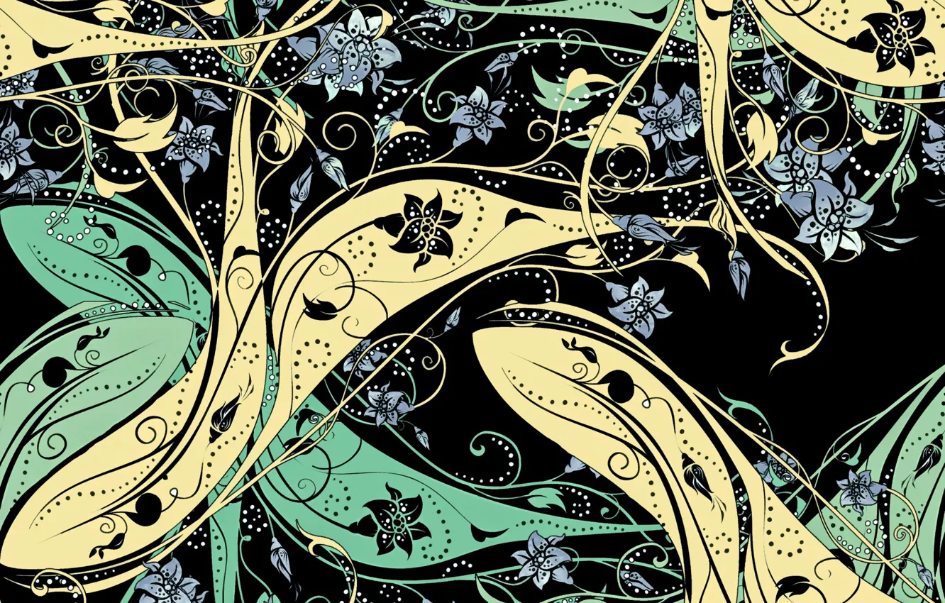 Photo wallpaper white, leaves, flowers, yellow, background, pattern, black, vector