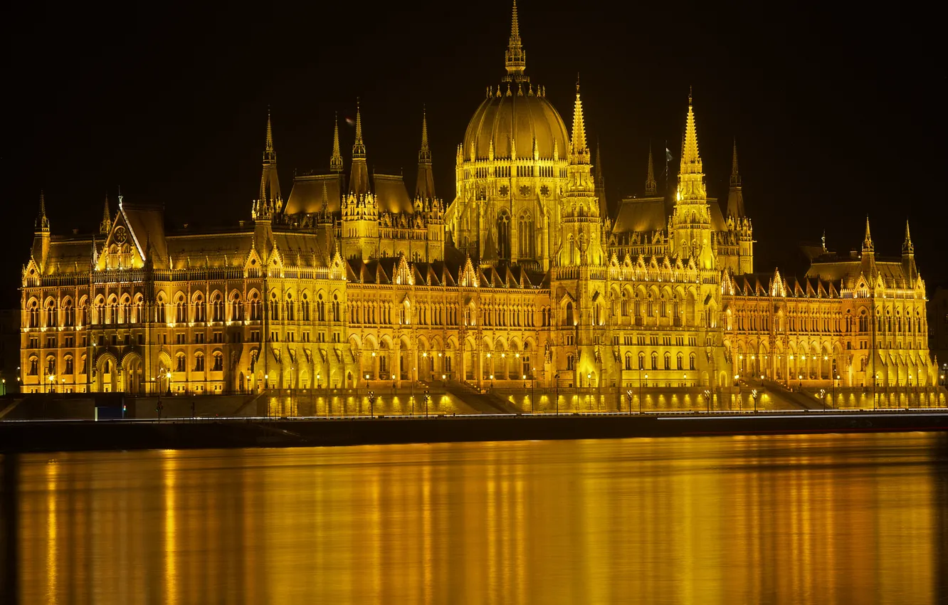 Photo wallpaper night, lights, river, Parliament, Hungary, Budapest, The Danube