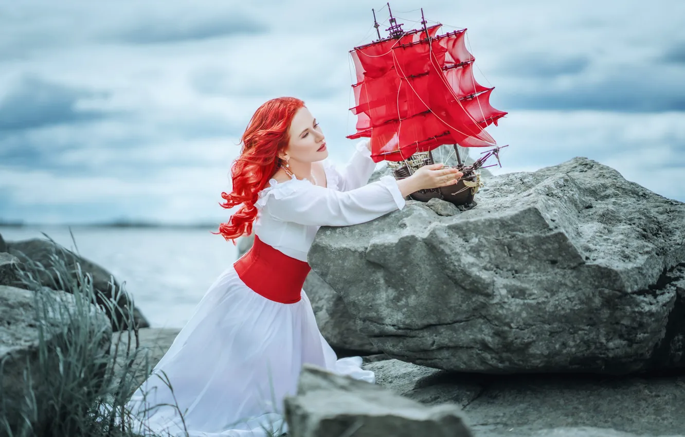 Photo wallpaper sea, look, girl, pose, stones, ship, red hair, Scarlet sails