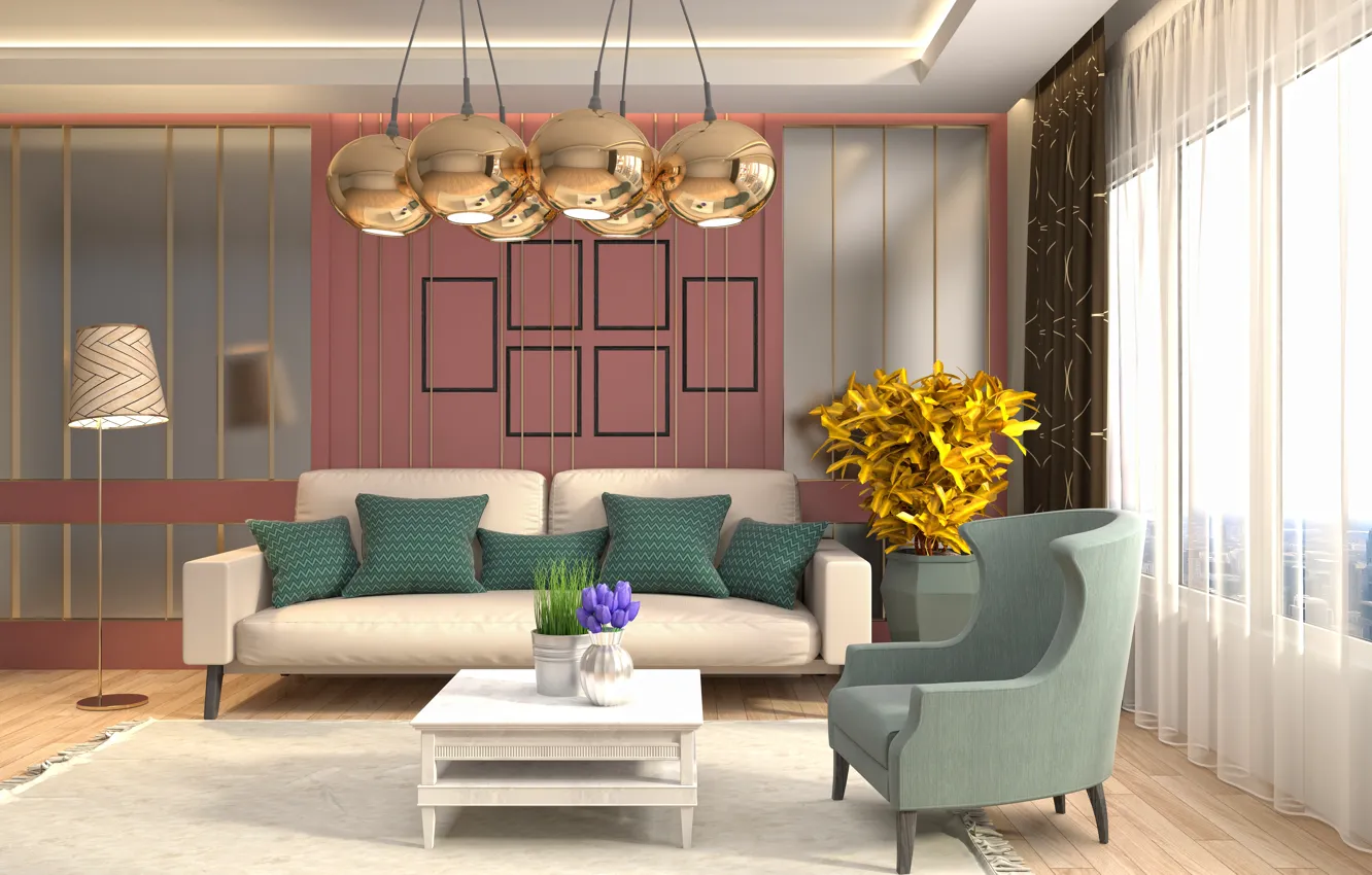 Photo wallpaper flower, design, sofa, chair, vase, living room