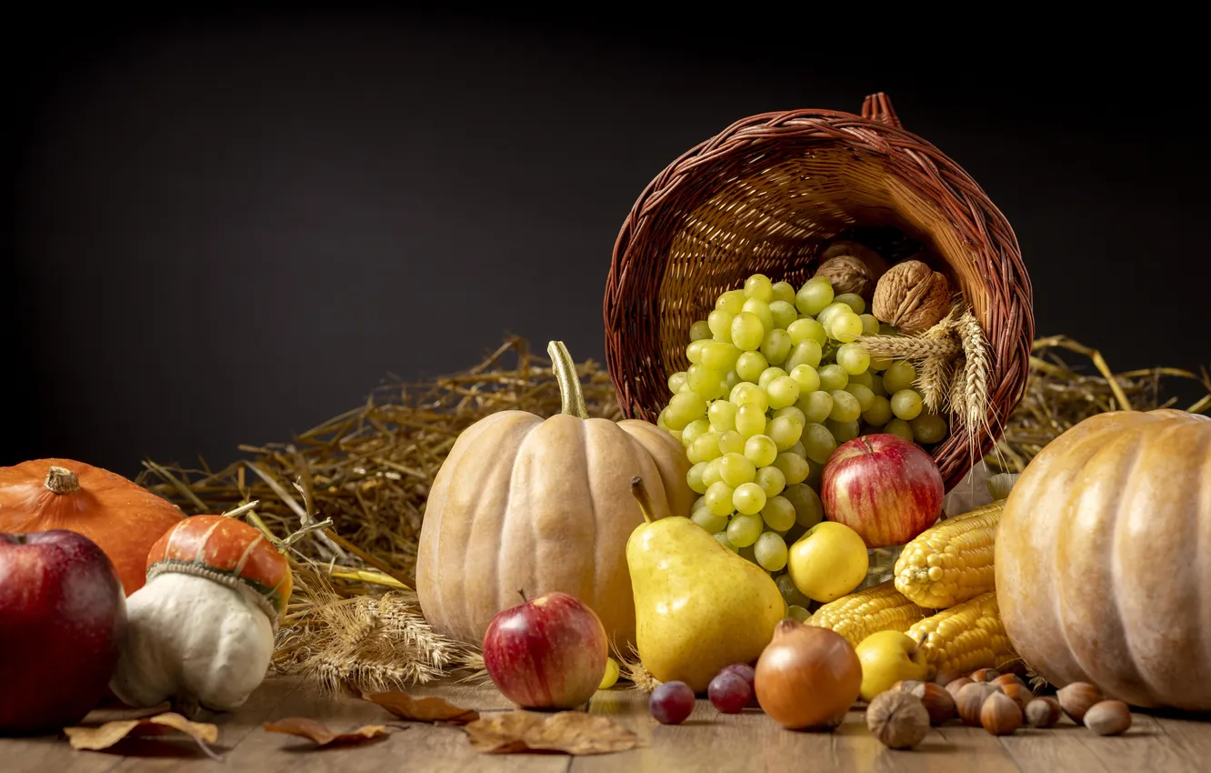 Photo wallpaper food, nuts, grapes, fruits, pumpkin, apples, pear, vegetables