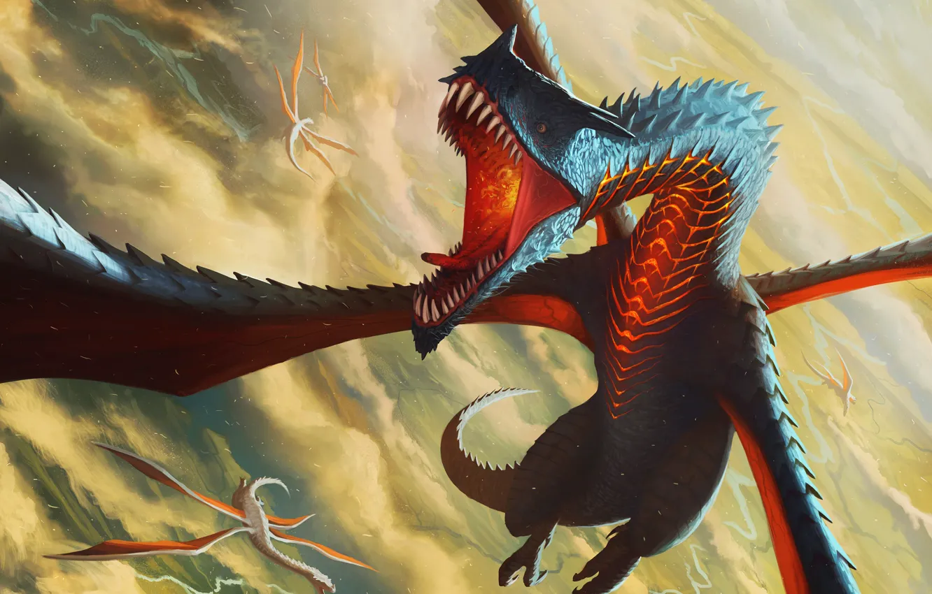 Photo wallpaper fiction, dragon, wings, being, mouth, fantasy, style, art
