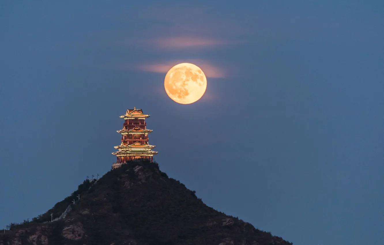 Photo wallpaper mountain, The moon, China, temple