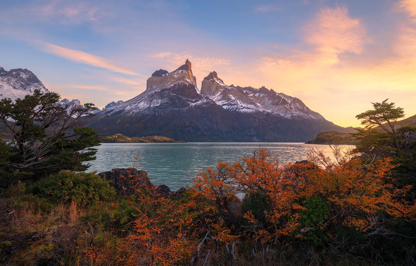 Photo wallpaper autumn, mountains, pond, Andes