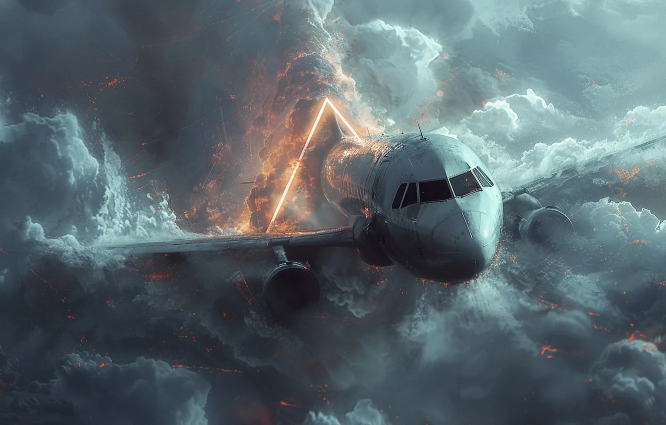 Photo wallpaper The plane, Flight, Clouds, Hurricane, The portal, Front, AI art, The Art of Artificial Intelligence