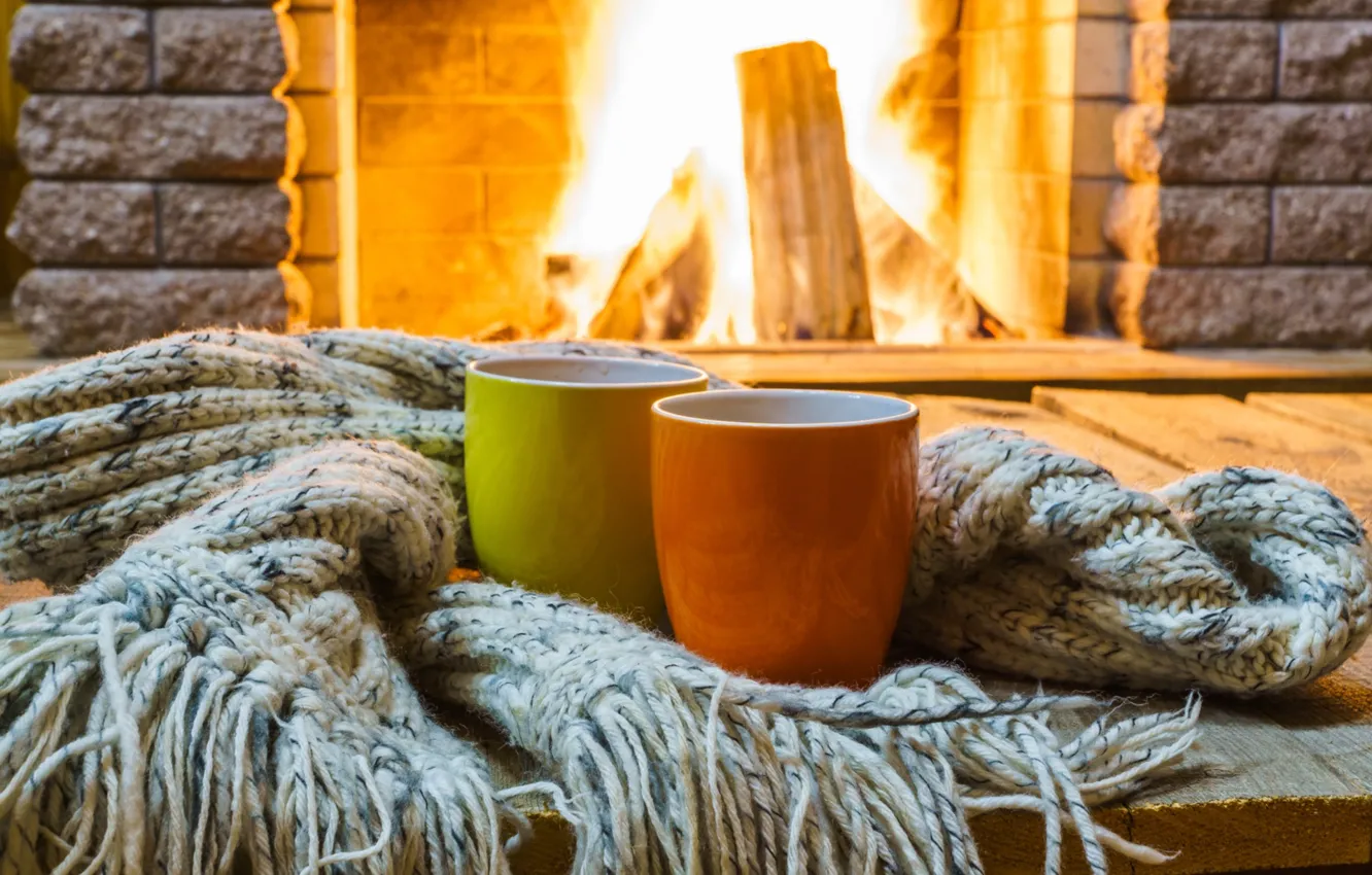 Photo wallpaper comfort, house, fire, scarf, Cup, fireplace