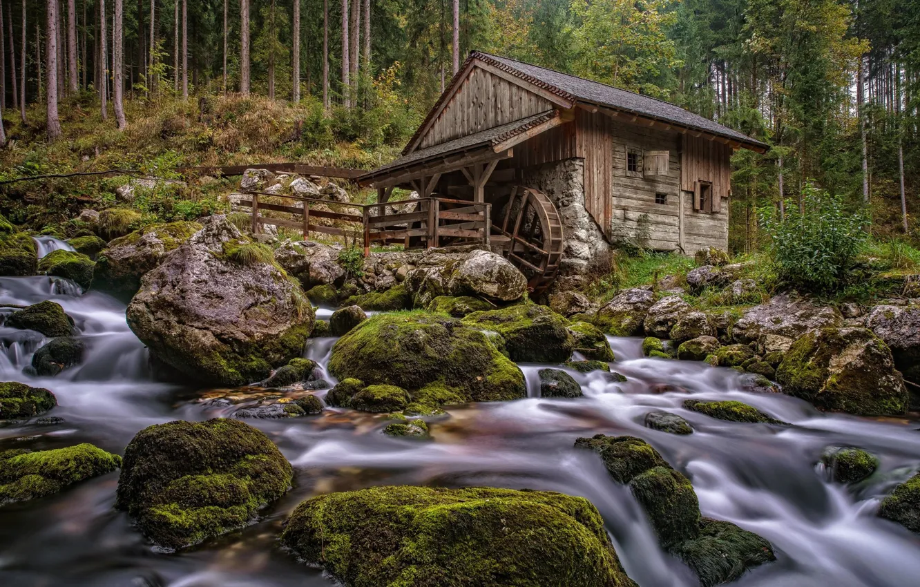Photo wallpaper stones, mill, house, water