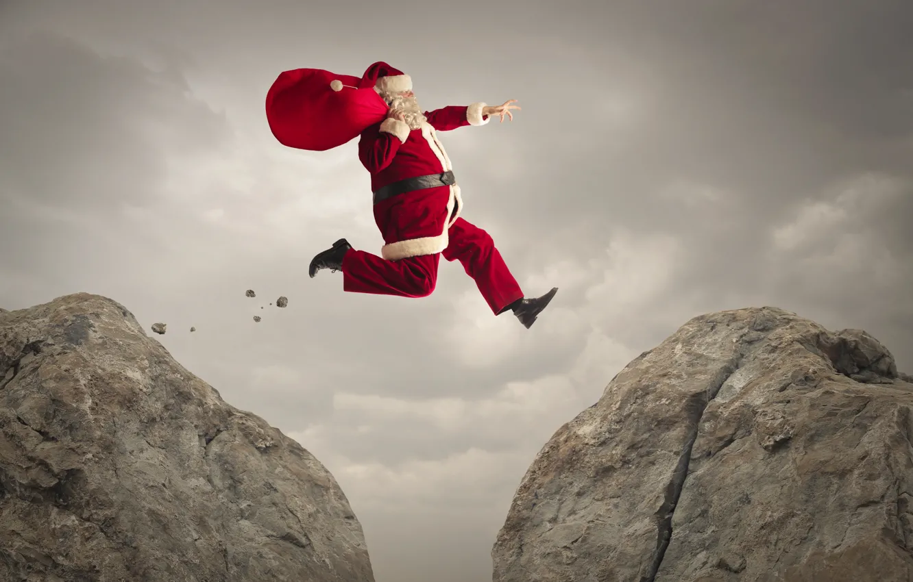 Photo wallpaper rocks, jump, new year, Santa Claus, uniform