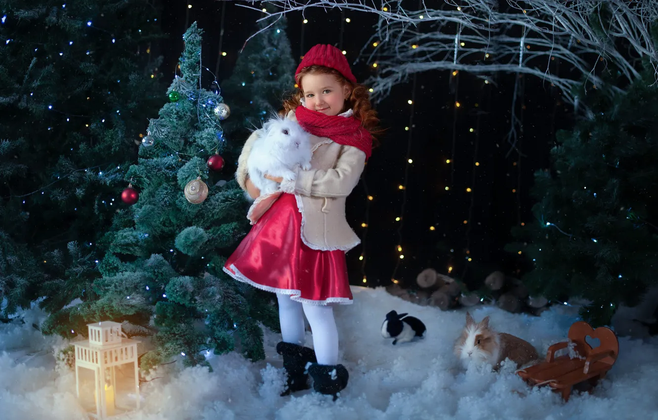 Photo wallpaper winter, white, balls, snow, branches, smile, the dark background, new year