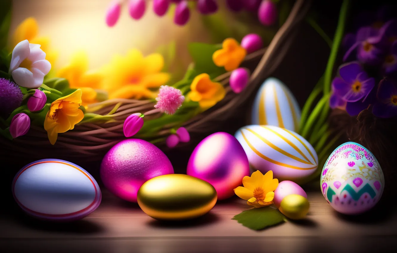 Photo wallpaper flowers, bright, eggs, Easter, socket, colorful, eggs, neural network