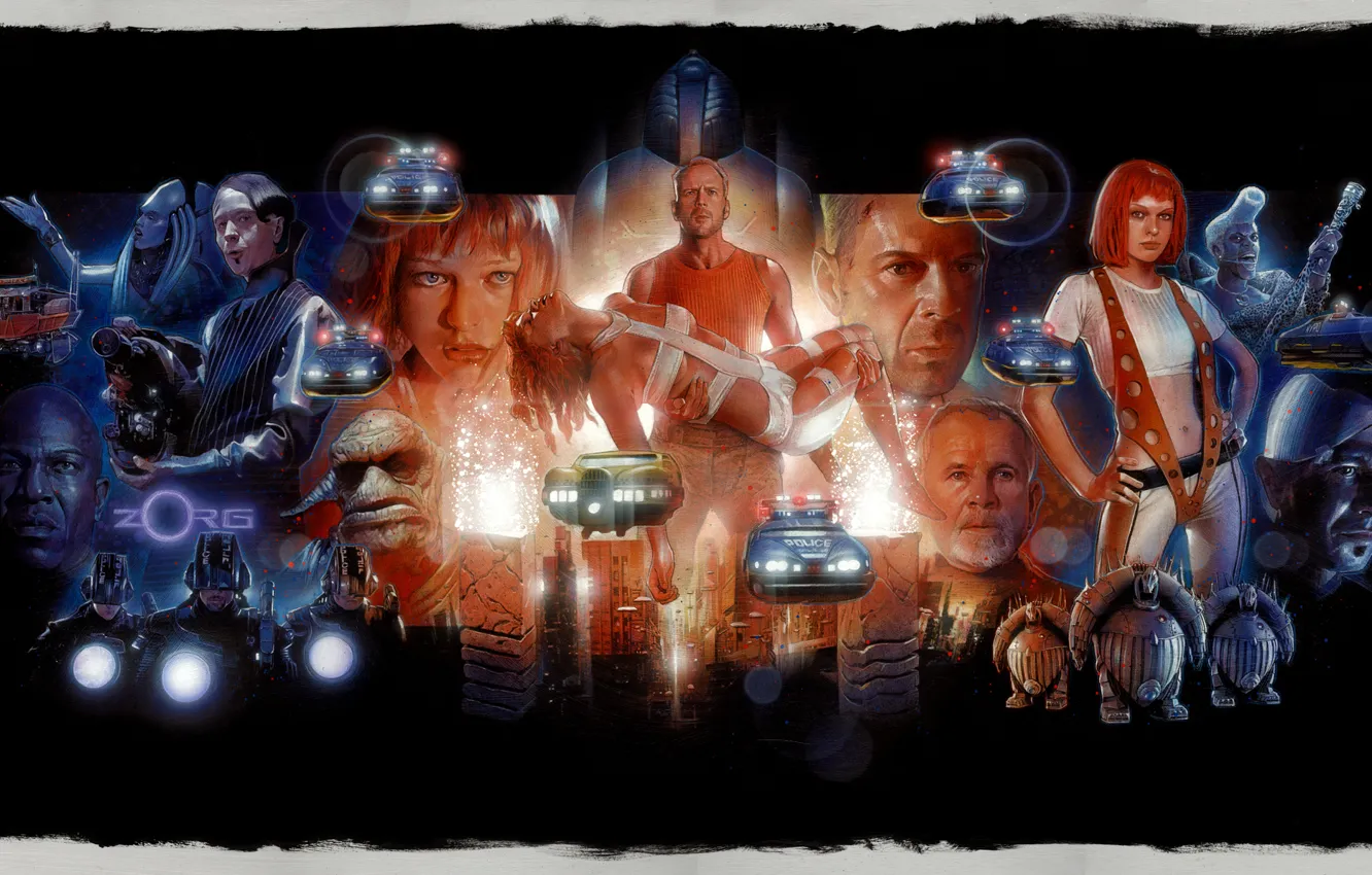 Photo wallpaper Bruce Willis, art, Milla Jovovich, Gary Oldman, The Fifth Element, Leeloo, Jean-Baptiste Emanuel Debt Boug, …