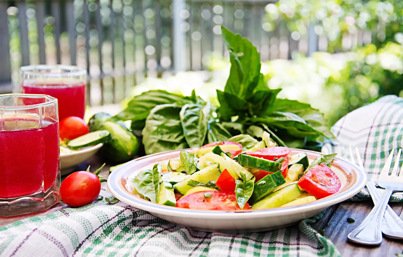 Photo wallpaper vegetables, tomatoes, cucumbers, salad, Basil