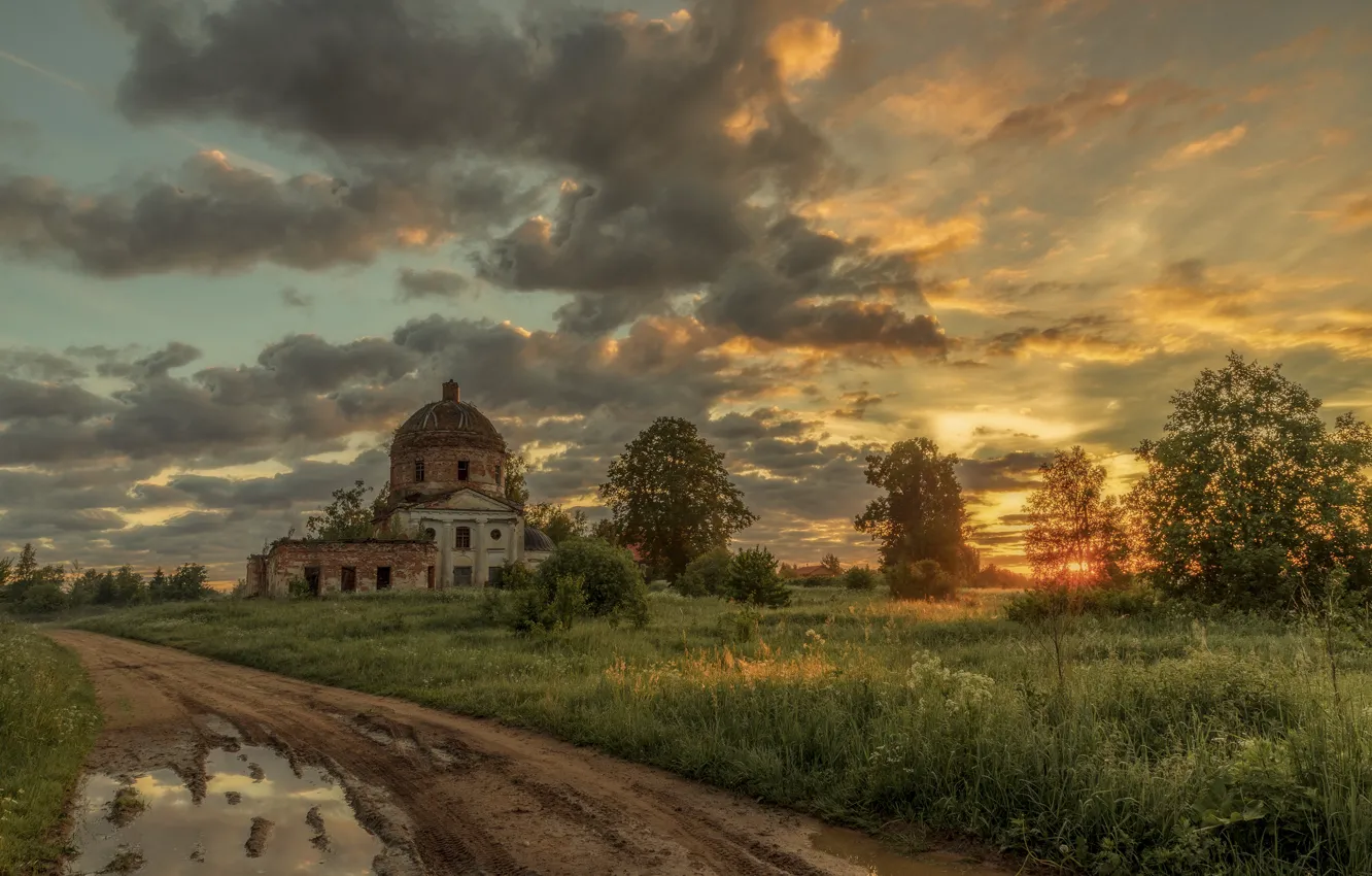 Photo wallpaper road, field, clouds, dawn, Russia, Tver oblast, abandoned church